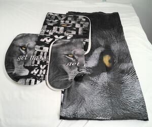 Lion Bathroom Set Lot Shower Curtain Bath Mat Rug Toilet Lid Cover “Get Naked”